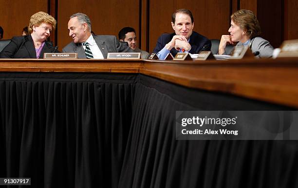 Sen. Debbie Stabenow , Sen. Charles Schumer , Sen. Ron Wyden , and Sen. Blanche Lincoln attend a mark up hearing before the Senate Finance Committee...