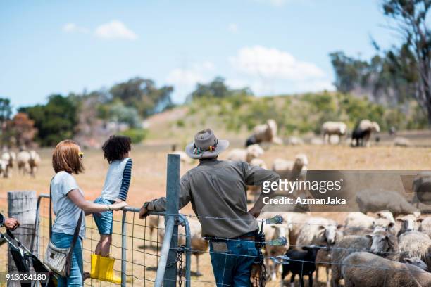 farm worker showing the farm to a family - new south wales stock pictures, royalty-free photos & images