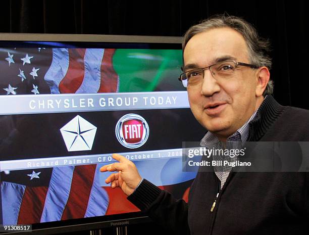 Chrysler CEO Sergio Marchionne attends a press conference at Chrysler headquarters October 1, 2009 in Auburn Hills, Michigan. Also attending was...