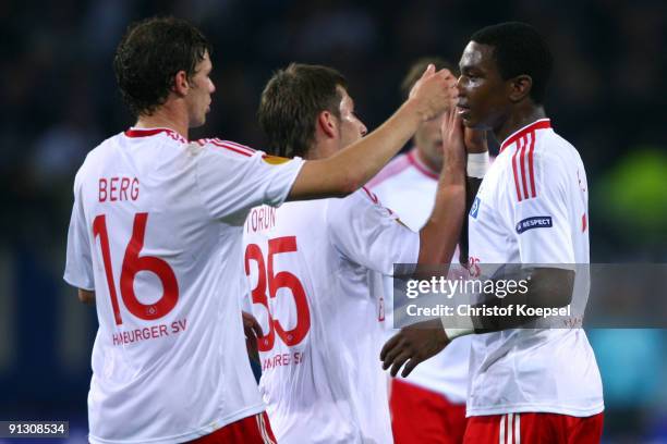 Eljero Elia of Hamburg celebrates the third goal with Marcus Berg of Hamburg during the Europa League first leg match between Hamburger SV and Hapoel...