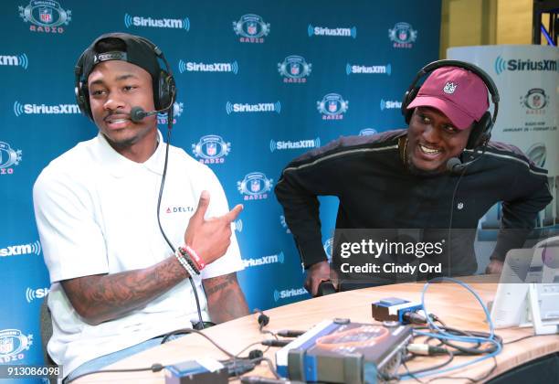 Stefon Diggs and Xavier Rhodes of the Minnesota Vikings attend SiriusXM at Super Bowl LII Radio Row at the Mall of America on February 1, 2018 in...