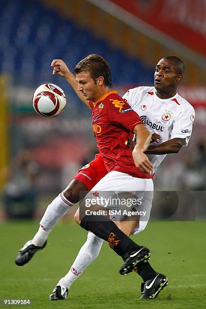 Marco Motta of AS Roma and Marquinhos of PFC CSKA Sofia compete for the ball during the UEFA Europa League Group E match between AS Roma and PFC CSKA...