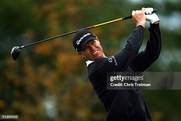 John Senden of Australia tees off on the 5th hole during the first round of the 2009 Turning Stone Resort Championship at Atunyote Golf Club held on...