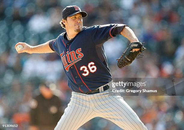 Pitcher Joe Nathan of the Minnesota Twins on the mound against the Detroit Tigers during the game on October 1, 2009 at Comerica Park in Detroit,...