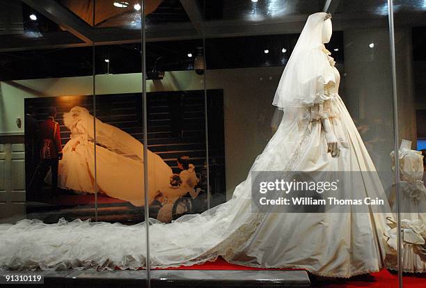 Princess Diana's wedding gown is displayed at a preview of the traveling "Diana: A Celebration" exhibit at the National Constitution Center on...