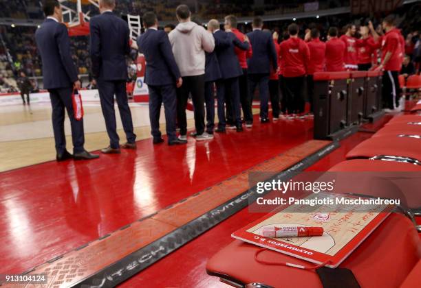 Olympiacos Piraeus' coaching board on the bench of the team before the 2017/2018 Turkish Airlines EuroLeague Regular Season Round 21 between...