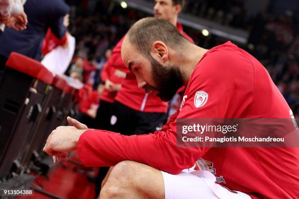 Vassilis Spanoulis, #7 of Olympiacos Piraeus react before the 2017/2018 Turkish Airlines EuroLeague Regular Season Round 21 between Olympiacos...