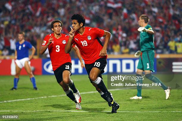 Bogy of Egypt celebrates scoring the third goal during the Group A, FIFA U20 World Cup match between Italy and Egypt at the Cairo International...