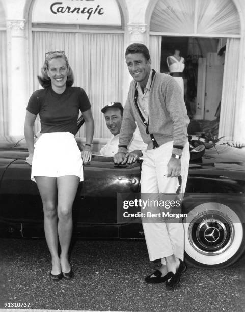 Peter Lawford with Mrs. Daniel Topping and Edward B McLean Jr on Worth Avenue in Palm Beach, Florida, 1958.