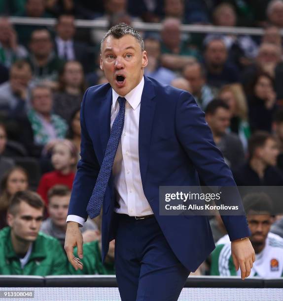 Sarunas Jasikevicius, Head Coach of Zalgiris Kaunas in action during the 2017/2018 Turkish Airlines EuroLeague Regular Season Round 21 game between...