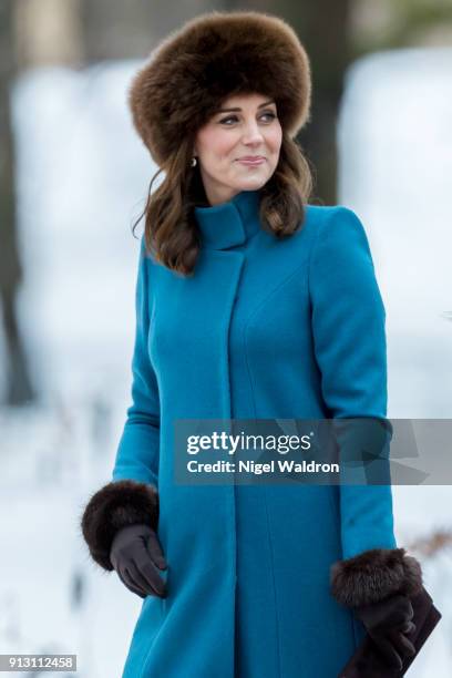 Catherine, Duchess of Cambridge attends Princess Ingrid Alexandra sculpture park in the Palace park on February 1, 2018 in Oslo , Norway.