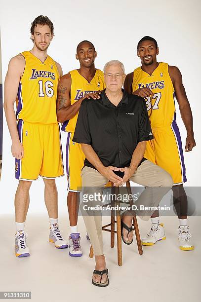 Pau Gasol, Kobe Bryant, Head Coach Phil Jackson, and Ron Artest of the Los Angeles Lakers pose for a portrait during 2009 NBA Media Day on September...