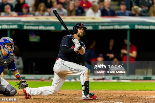Lonnie Chisenhall of the Cleveland Indians at bat during the seventh inning against the Texas Rangers at Progressive Field on June 27, 2017 in...