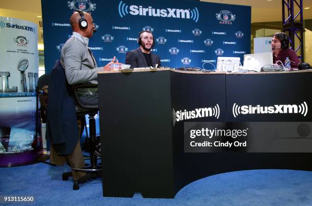 Former NFL player James Lofton, Harrison Smith of the Minnesota Vikings and SiriusXM radio host Bruce Murray attend SiriusXM at Super Bowl LII Radio...