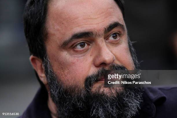 Vangelis Marinakis, President of Olympiacos FC, attends the game during the 2017/2018 Turkish Airlines EuroLeague Regular Season Round 21 between...