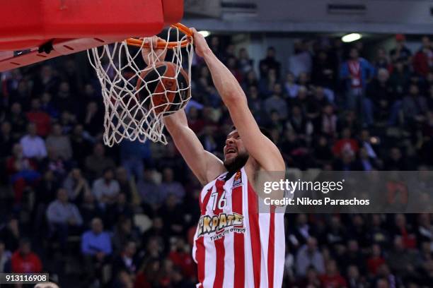 Kostas Papanikolaou, #16 of Olympiacos Piraeus in action during the 2017/2018 Turkish Airlines EuroLeague Regular Season Round 21 between Olympiacos...