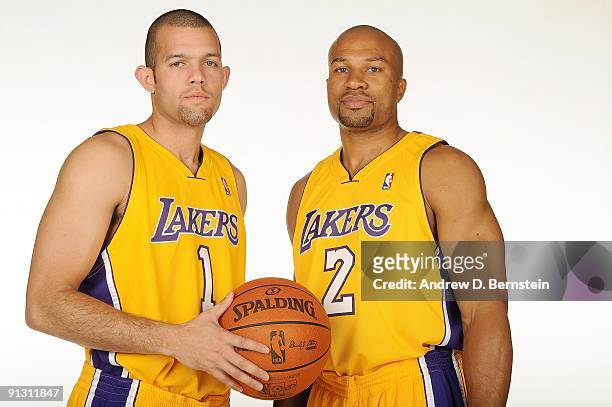 Jordan Farmar and Derek Fisher of the Los Angeles Lakers pose for a portrait during 2009 NBA Media Day on September 29, 2009 at Toyota Sports Center...