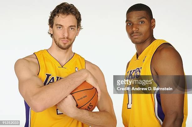 Pau Gasol and Andrew Bynum of the Los Angeles Lakers pose for a portrait during 2009 NBA Media Day on September 29, 2009 at Toyota Sports Center in...