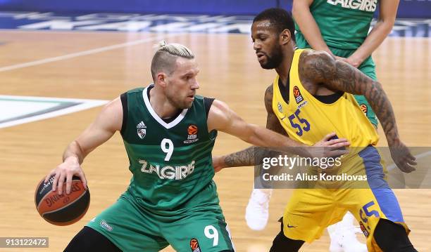 Beno Udrih, #9 of Zalgiris Kaunas competes with Pierre Jackson, #55 of Maccabi Fox Tel Aviv in action during the 2017/2018 Turkish Airlines...