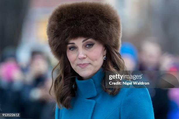 Catherine, Duchess of Cambridge attends Princess Ingrid Alexandra sculpture park in the Palace park on February 1, 2018 in Oslo , Norway.