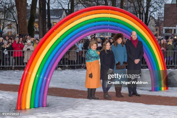 Queen Sonja of Norway, Princess Ingrid Alexandra of Norway Catherine, Duchess of Cambridge and Prince William, Duke of Cambridge in front of a...