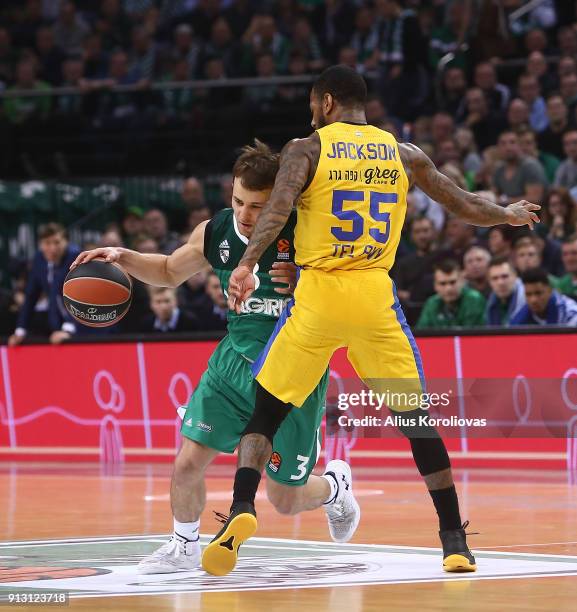 Kevin Pangos, #3 of Zalgiris Kaunas in action during the 2017/2018 Turkish Airlines EuroLeague Regular Season Round 21 game between Zalgiris Kaunas...