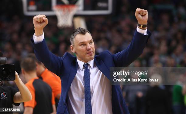 Sarunas Jasikevicius, Head Coach of Zalgiris Kaunas in action during the 2017/2018 Turkish Airlines EuroLeague Regular Season Round 21 game between...