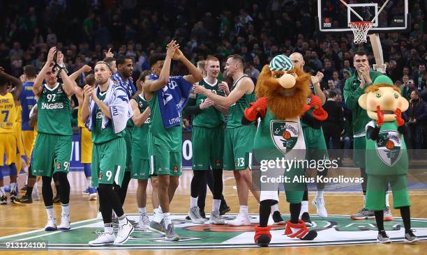 Zalgiris team in action during the 2017/2018 Turkish Airlines EuroLeague Regular Season Round 21 game between Zalgiris Kaunas and Maccabi Fox Tel...