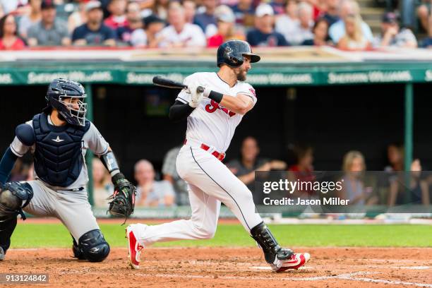 Lonnie Chisenhall of the Cleveland Indians singles during the fourth inning against the San Diego Padres at Progressive Field on JULY 5, 2017 in...