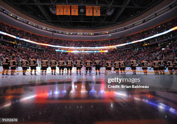 The Boston Bruins on the ice before the first game of the season against the Washington Capitals at the TD Banknorth Garden on October 1, 2009 in...