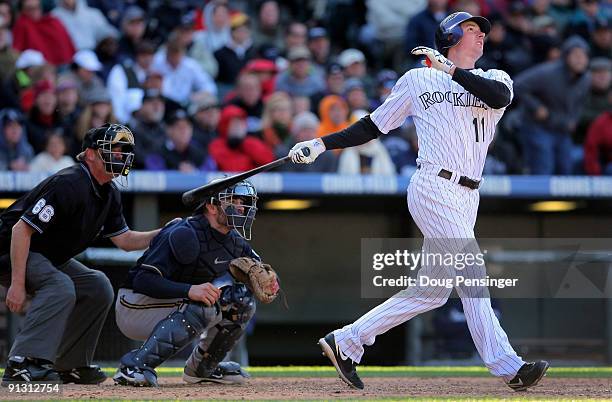 Brad Hawpe the Colorado Rockies hits a two run home run against the Milwaukee Brewers to give the Rockies 9-1 lead in the eighth inning at Coors...