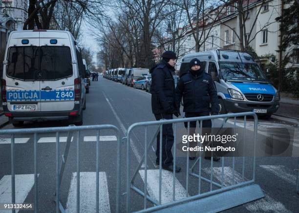 Police forces and barriers around the Israeli Embassy in Warsaw, Poland on 31 January 2018, after a local governor, citing security concerns, banned...