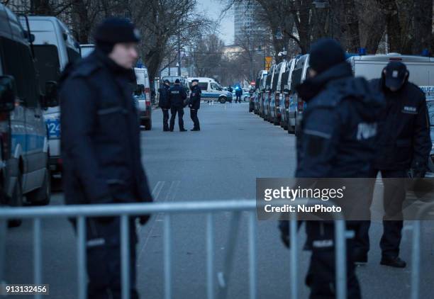 Police forces and barriers around the Israeli Embassy in Warsaw, Poland on 31 January 2018, after a local governor, citing security concerns, banned...