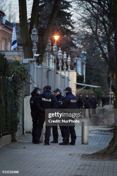 Police forces and barriers around the Israeli Embassy in Warsaw, Poland on 31 January 2018, after a local governor, citing security concerns, banned...