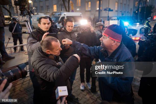 Quarrel of people next to police barriers around the Israeli Embassy in Warsaw, Poland on 31 January 2018, after a local governor, citing security...