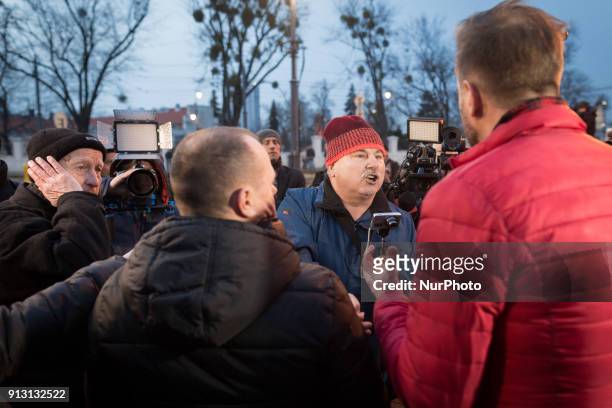 Quarrel of people next to police barriers around the Israeli Embassy in Warsaw, Poland on 31 January 2018, after a local governor, citing security...