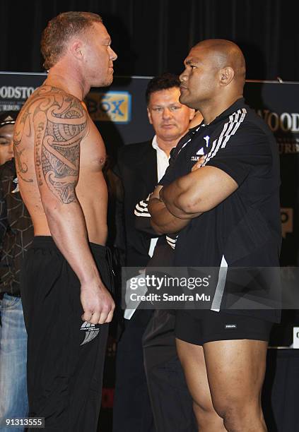 Shane Cameron and David Tua face off during the official weigh-in for 'The Fight of the Century' between David Tua and Shane Cameron tomorrow night...