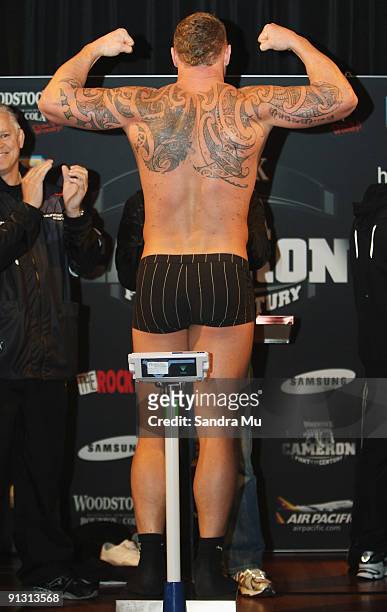 Shane Cameron weighs in at 103.5 during the official weigh-in for 'The Fight of the Century' between David Tua and Shane Cameron tomorrow night at...