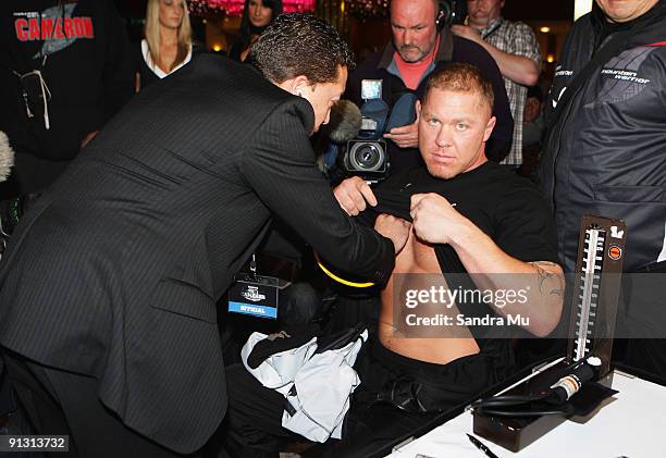 Shane Cameron has a medical check during the official weigh-in for 'The Fight of the Century' between David Tua and Shane Cameron tomorrow night at...