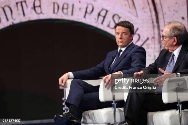 Secretary of the PD and former Italian Prime Minister Matteo Renzi and Italian Minister of Economy and Finance Carlo Padoan attend 'Porta a Porta'...