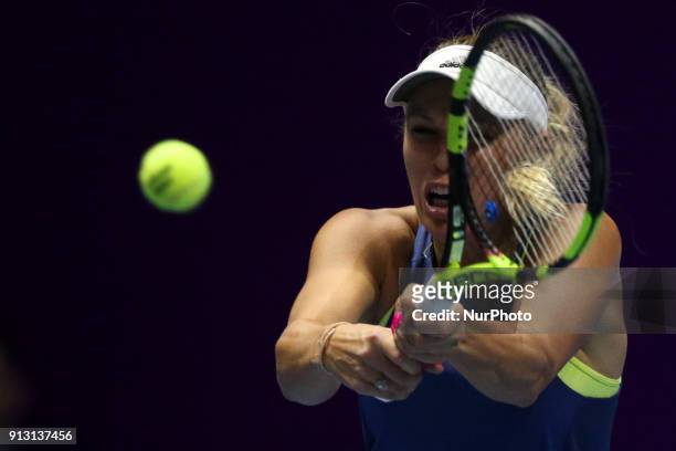 Caroline Wozniacki of Denmark returns the ball to Anastasia Potapova of Russia during the St. Petersburg Ladies Trophy ATP tennis tournament match in...