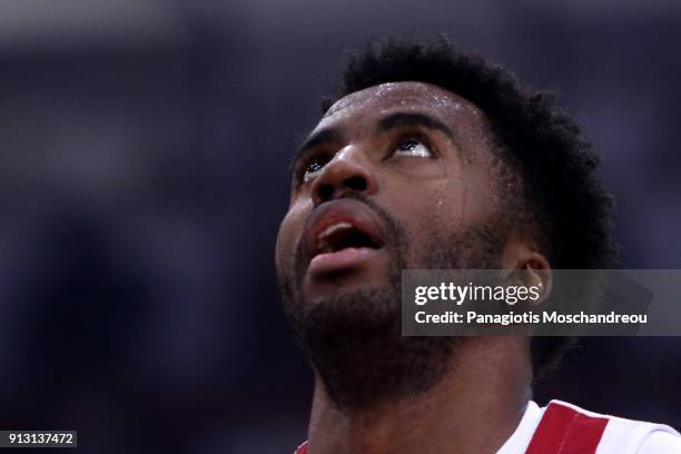 Jamel McLean, #1 of Olympiacos Piraeus react during the 2017/2018 Turkish Airlines EuroLeague Regular Season Round 21 between Olympiacos Piraeus and...