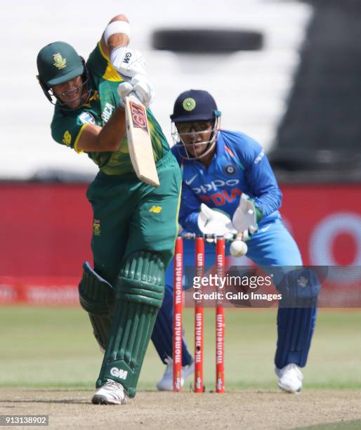 Aiden Markram in action during the 1st Momentum ODI match between South Africa and India at Sahara Stadium Kingsmead on February 01, 2018 in Durban,...
