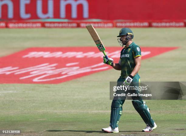 Faf du Plessis celebrates reaching a half century the 1st Momentum ODI match between South Africa and India at Sahara Stadium Kingsmead on February...