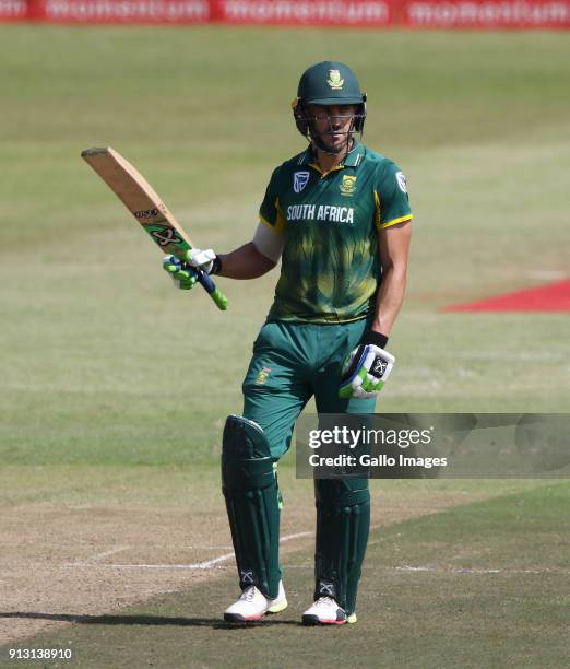 Faf du Plessis celebrates reaching a half century the 1st Momentum ODI match between South Africa and India at Sahara Stadium Kingsmead on February...