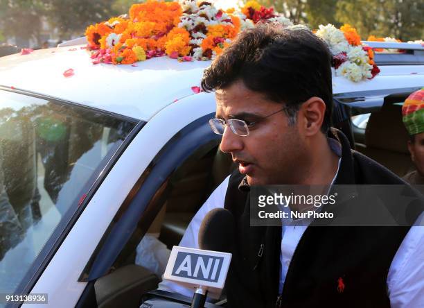 Rajasthan Congress Chief Sachin Pilot addresses the media after party's victory in by-elections in Ajmer, Rajasthan, India on 1st February 2018....