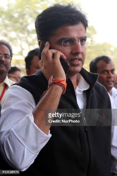 Rajasthan Congress Chief Sachin Pilot addresses the media after party's victory in by-elections in Ajmer, Rajasthan, India on 1st February 2018....