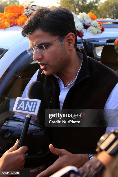 Rajasthan Congress Chief Sachin Pilot addresses the media after party's victory in by-elections in Ajmer, Rajasthan, India on 1st February 2018....