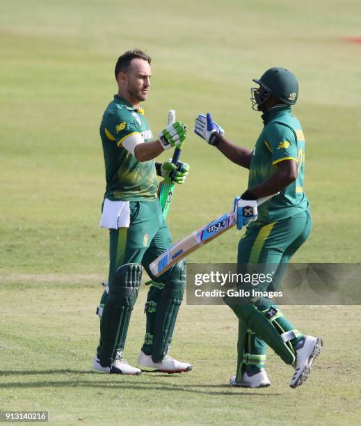 Faf du Plessis of South Africa celebrates reaching his century during the 1st Momentum ODI match between South Africa and India at Sahara Stadium...