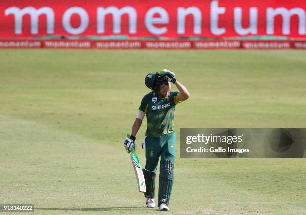 Faf du Plessis of South Africa celebrates reaching his century during the 1st Momentum ODI match between South Africa and India at Sahara Stadium...